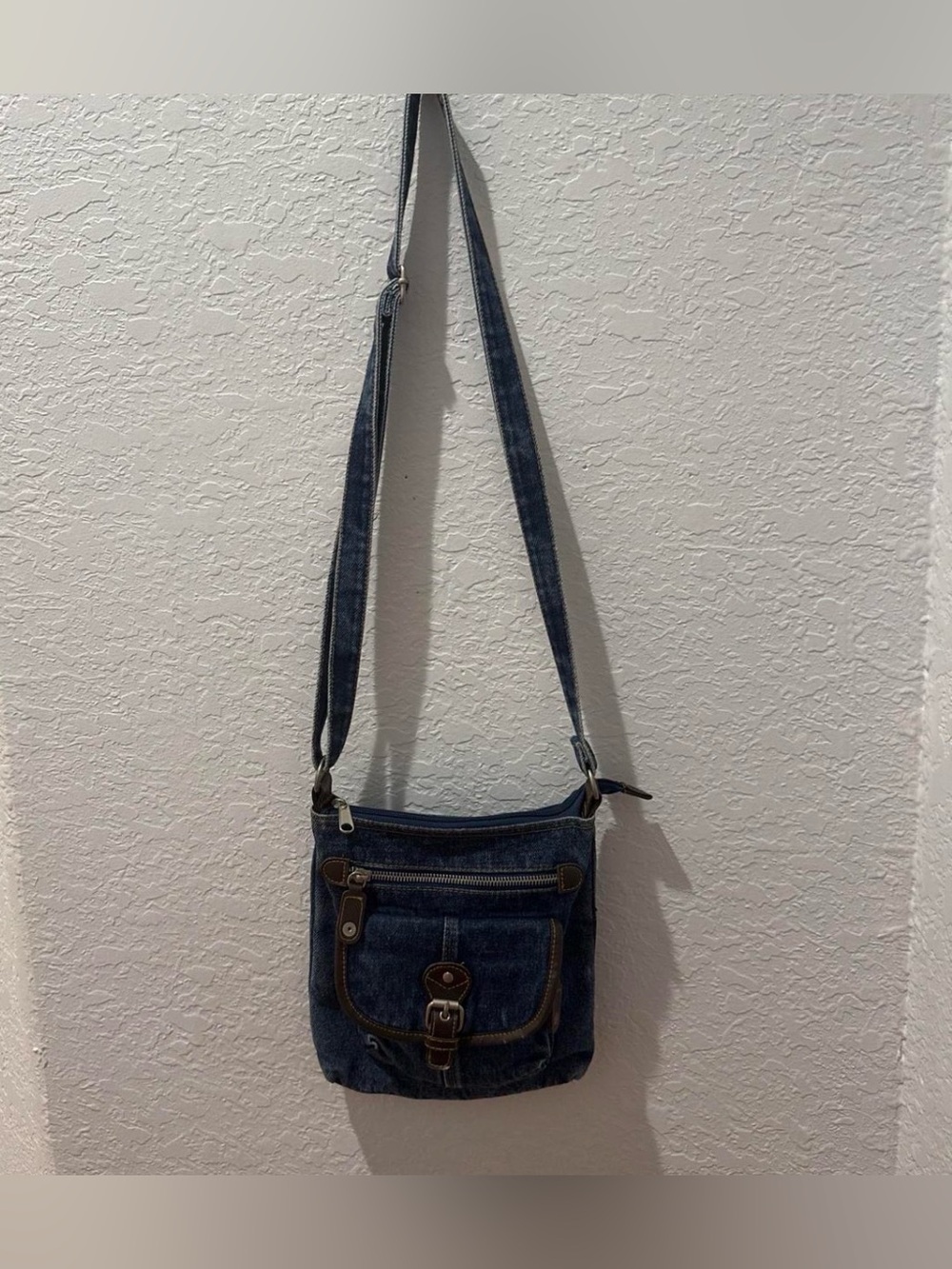 Denim Crossbody Bag with Brown Trim - Casual Women's Shoulder Bag